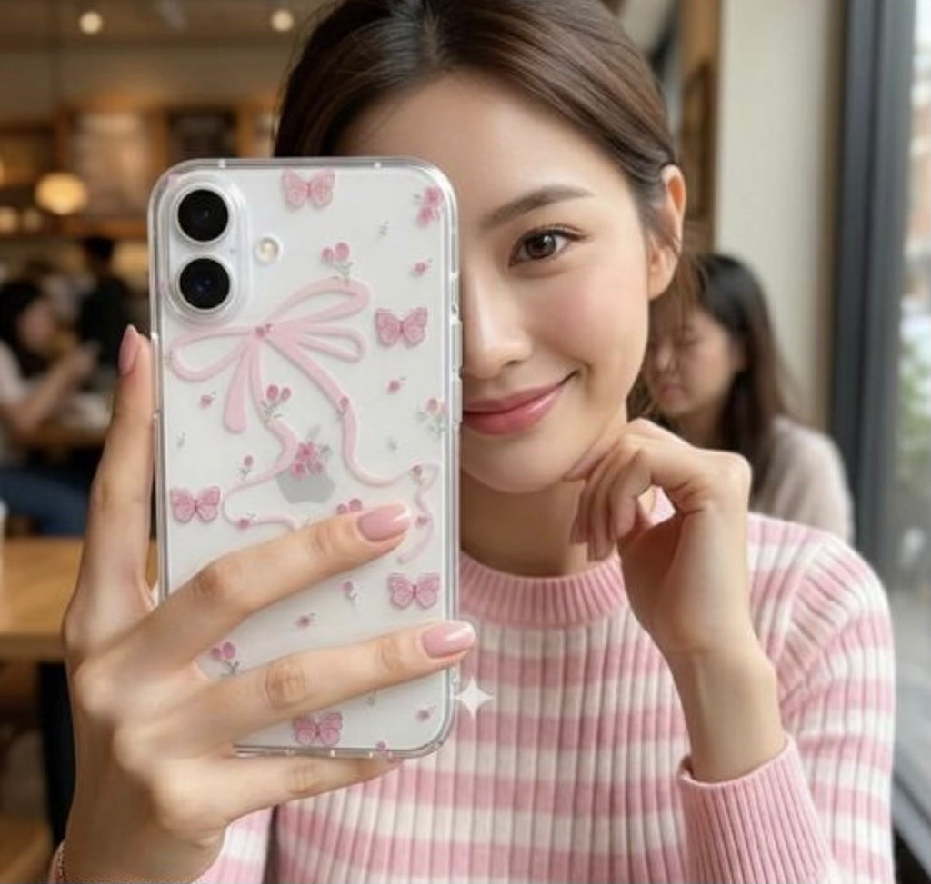 Pink Bow & Butterfly Clear Case for iPhone 16 | Cute Floral Aesthetic Phone Cover