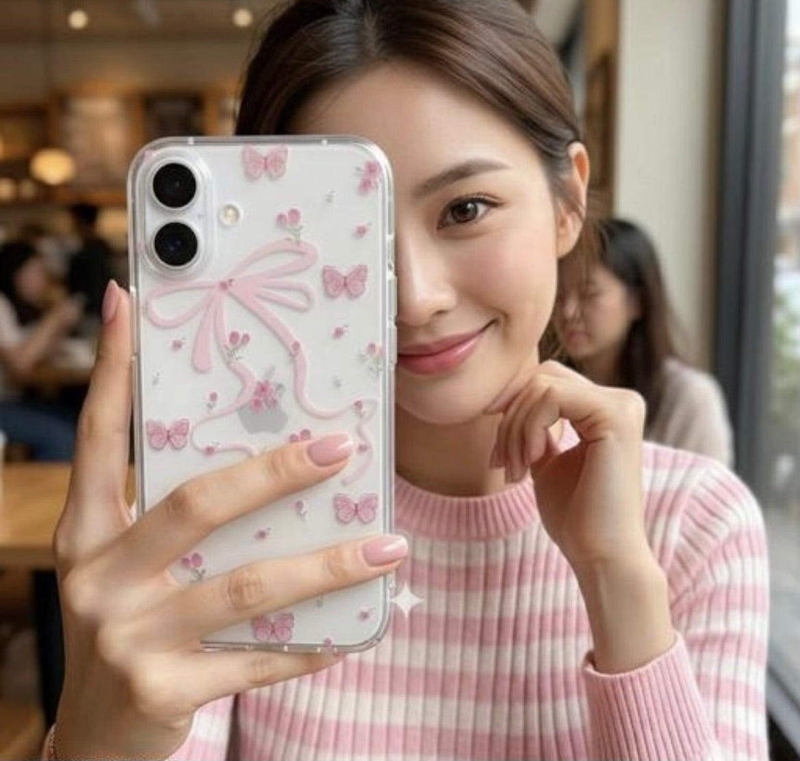 Pink Bow & Butterfly Clear Case for iPhone 16 | Cute Floral Aesthetic Phone Cover