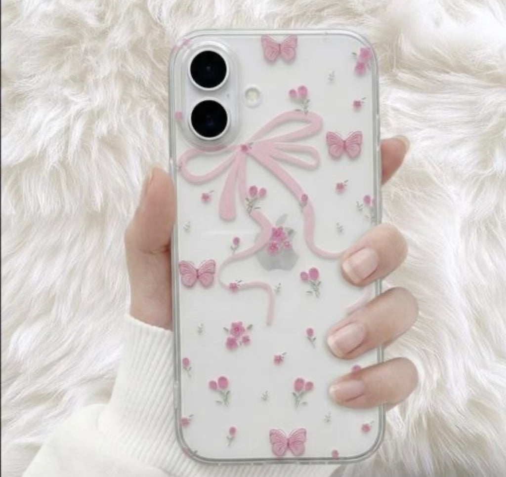 Pink Bow & Butterfly Clear Case for iPhone 16 | Cute Floral Aesthetic Phone Cover