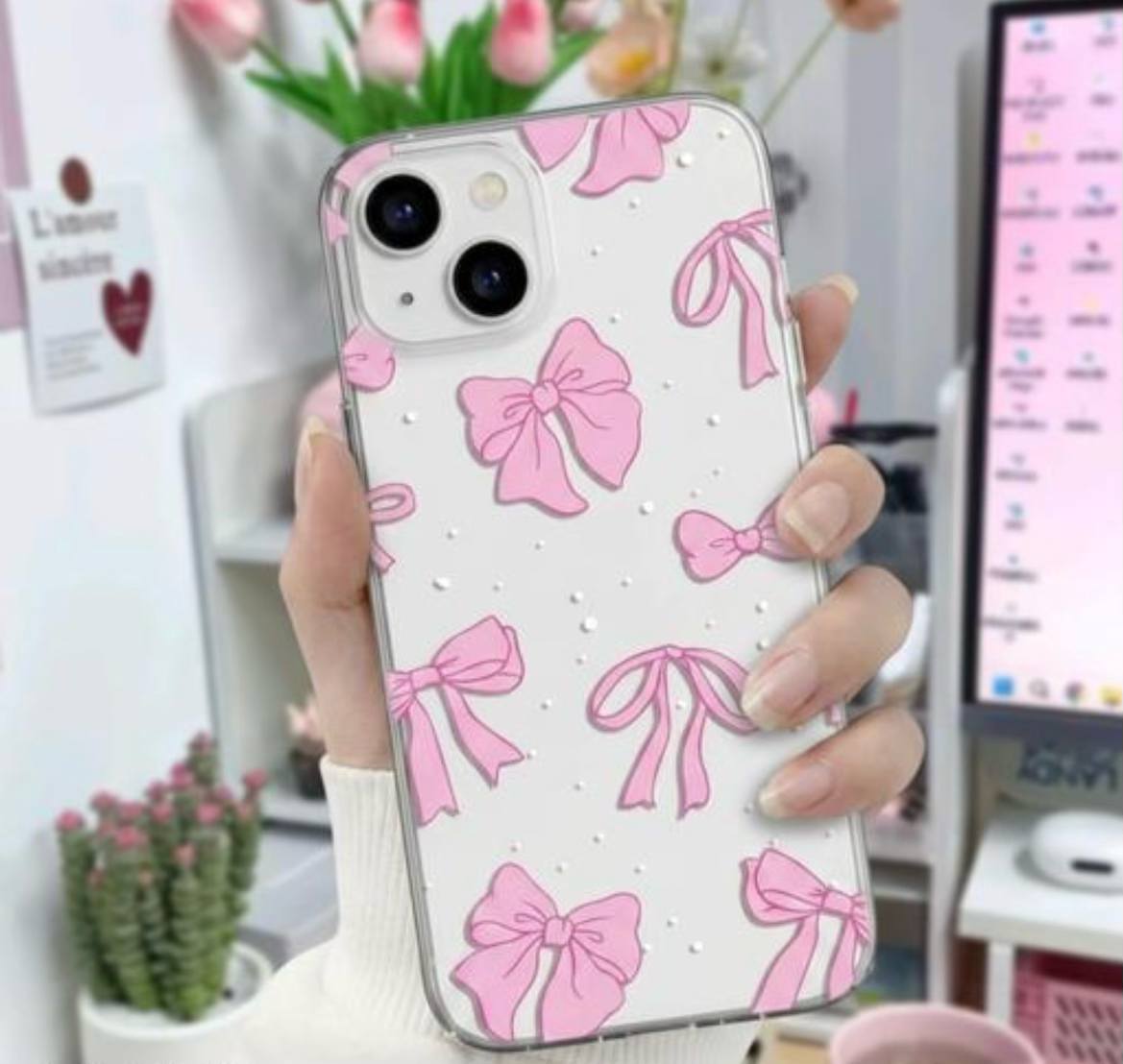 iPhone 15 Back Cover Pink Satin Pearl Aesthetic Glossy Printed Case…