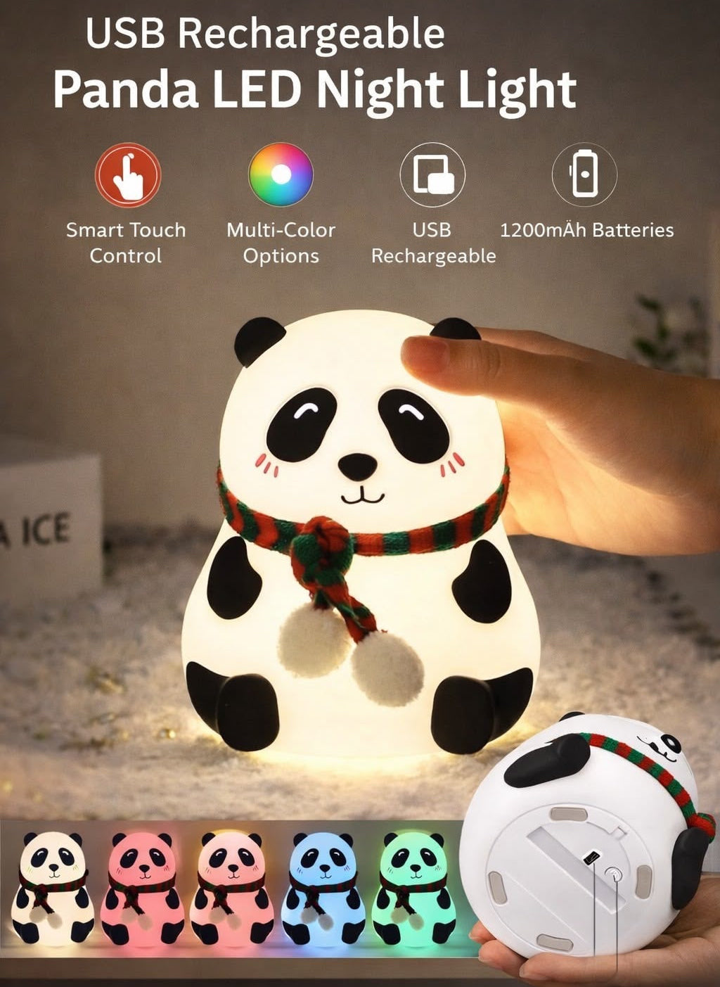 FASTIC Cute Panda USB Rechargeable 7-Color Changing Night Light
