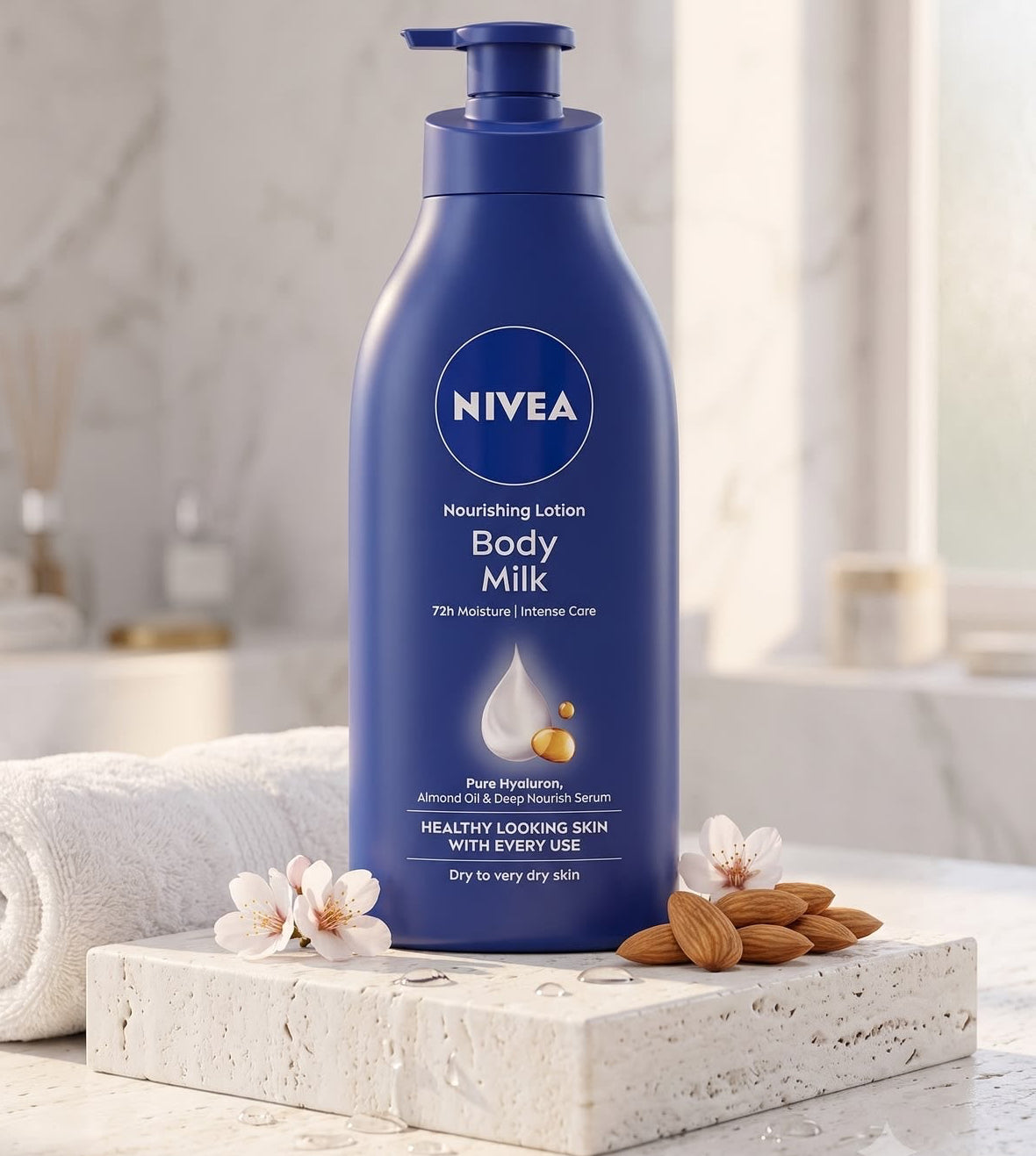 Nivea Body Milk Nourishing Body Lotion, presented in a 400ml pump bottle