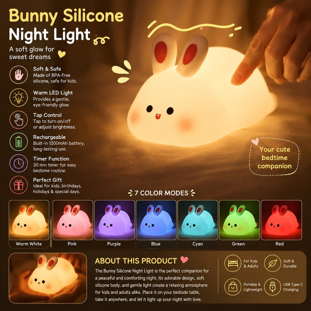 Aubade Silicone Rabbit Night Light | USB Rechargeable 7 Color-Changing