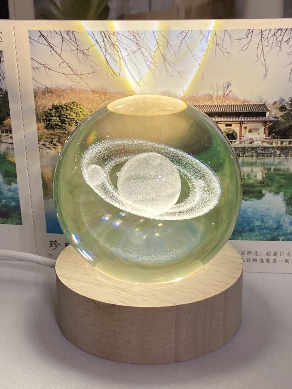 3D Planetary Crystal Ball Night Lamp with Wooden Base – Astronaut Space Decor