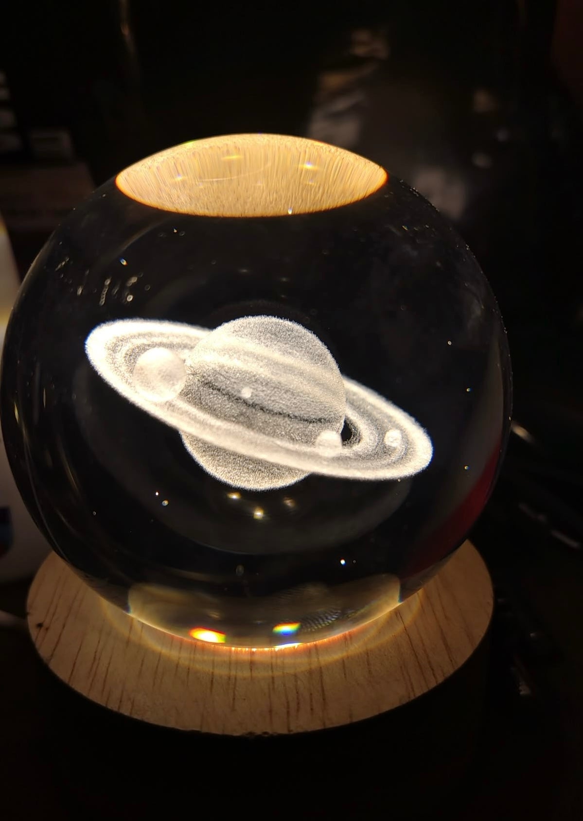 3D Planetary Crystal Ball Night Lamp with Wooden Base – Astronaut Space Decor
