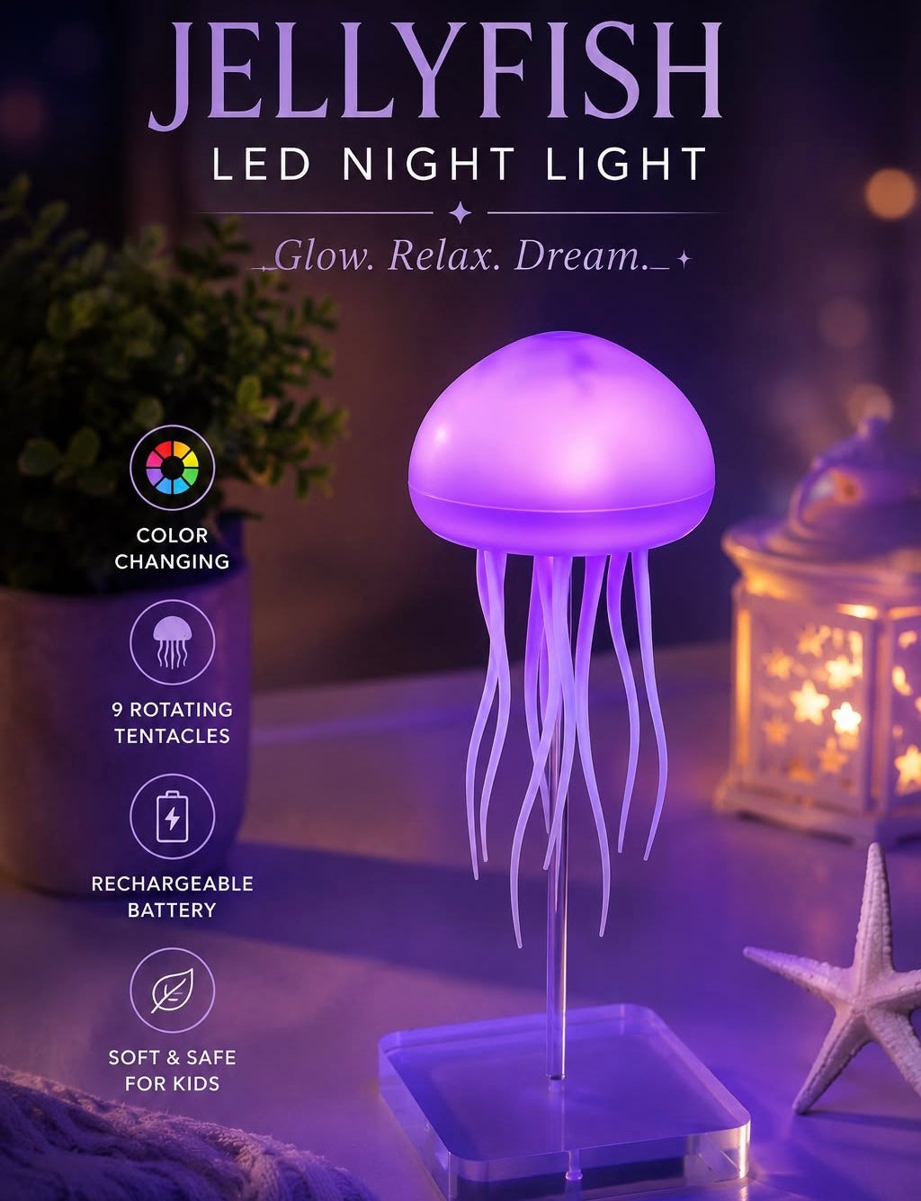 Decorative Jellyfish LED Lamp with Color Changing Light & Rechargeable Battery Assembly