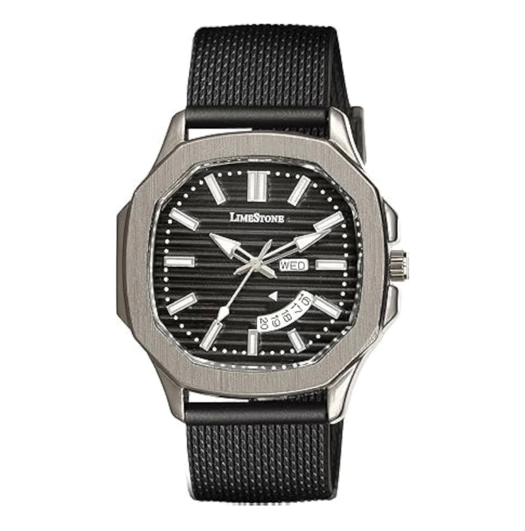 LIMESTONE Men's Day & Date Quartz Analog Watch with Stainless Steel HMTS Strap - Premium Classic Design Dial - Black, Strap Color-Black