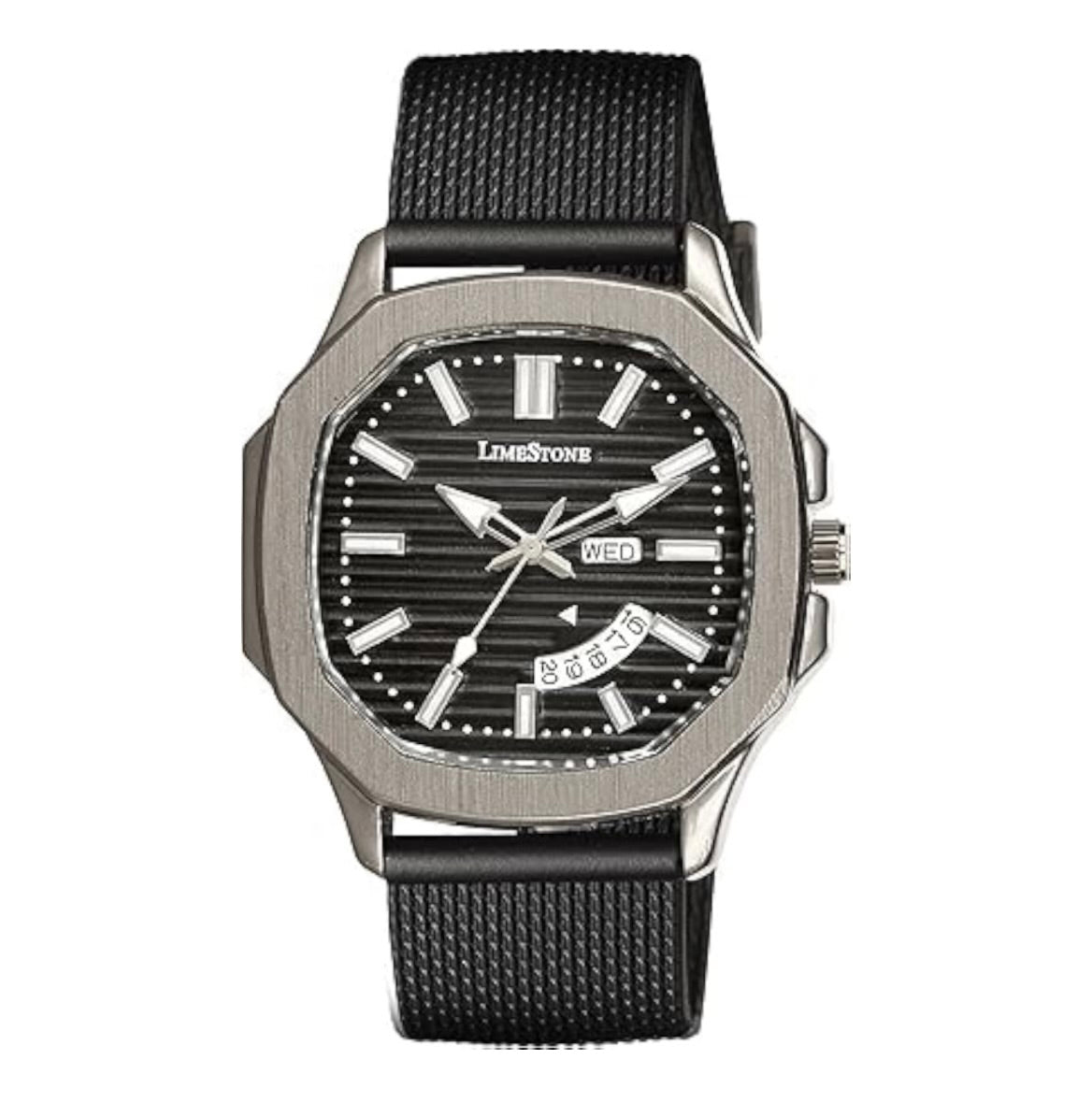 LIMESTONE Men's Day & Date Quartz Analog Watch with Stainless Steel HMTS Strap - Premium Classic Design Dial - Black, Strap Color-Black