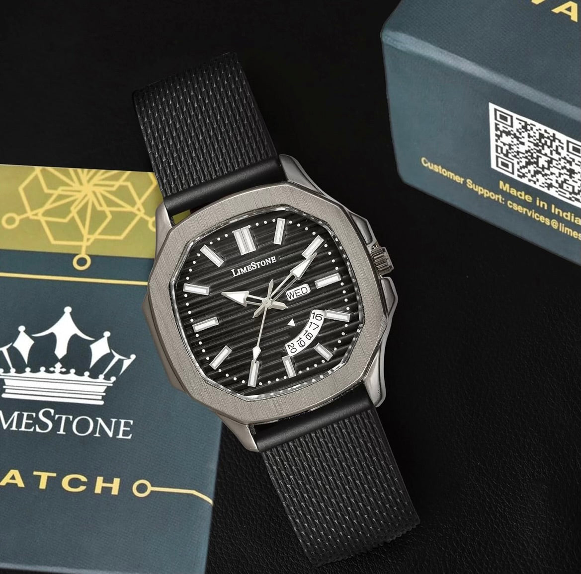 LIMESTONE Men's Day & Date Quartz Analog Watch with Stainless Steel HMTS Strap - Premium Classic Design Dial - Black, Strap Color-Black