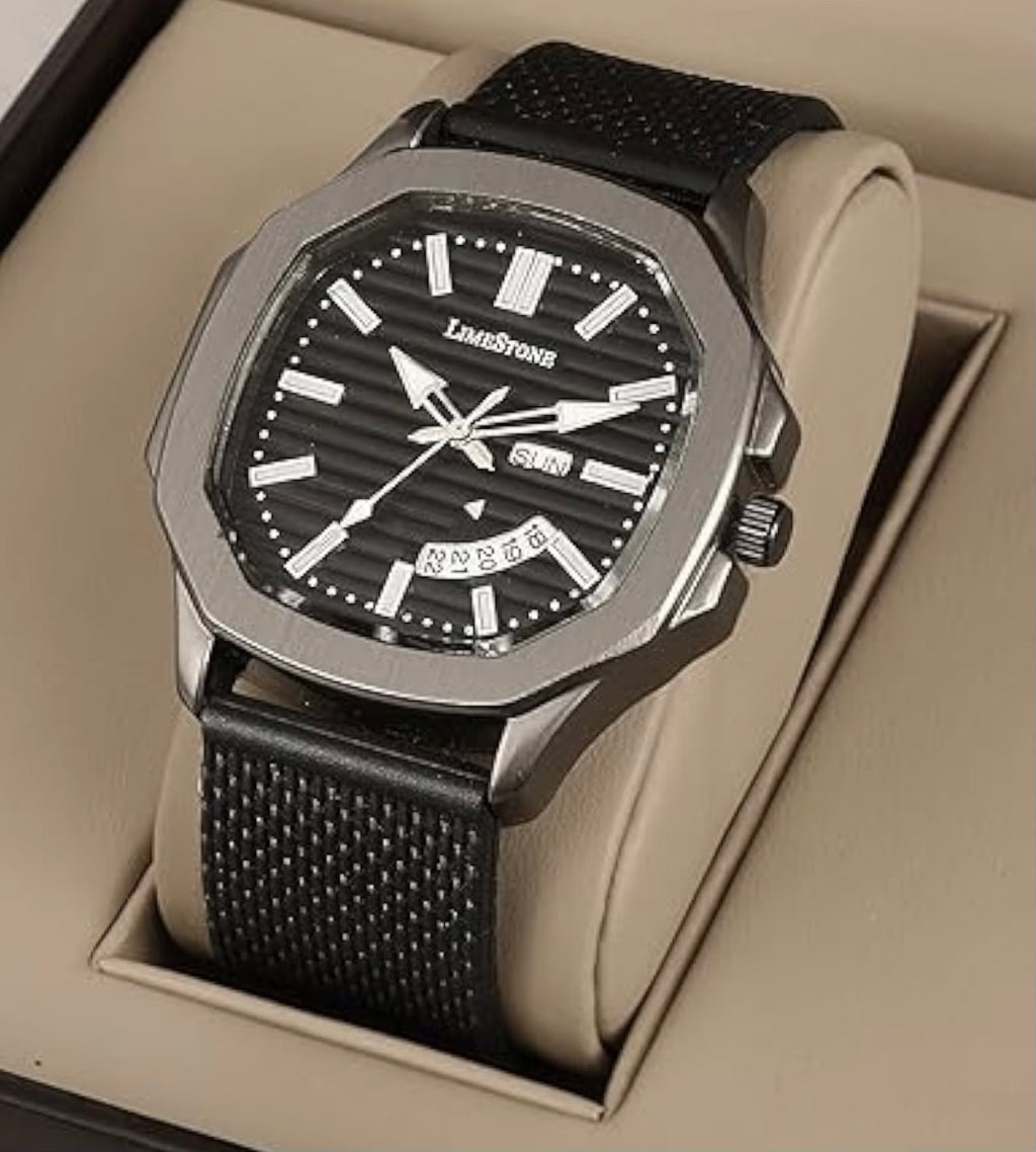 LIMESTONE Men's Day & Date Quartz Analog Watch with Stainless Steel HMTS Strap - Premium Classic Design Dial - Black, Strap Color-Black